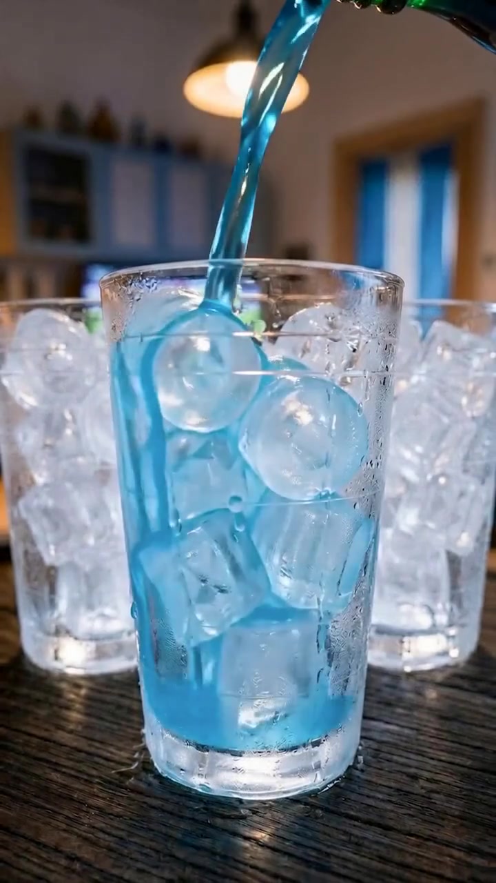 Bebida azul Frizzé servida en un vaso con hielo