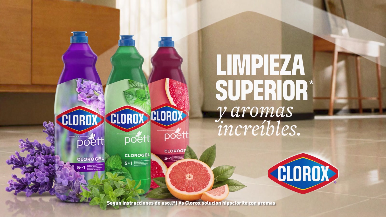 Pieza de Clorox Chile: tres variedades de Clorogel Poett con lavanda, menta y pomelo